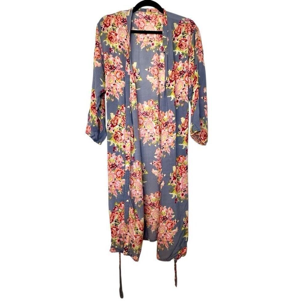 Fashion Nova Floral Belted Wrap Kimono Cover-up Cardigan Gray Multi Large